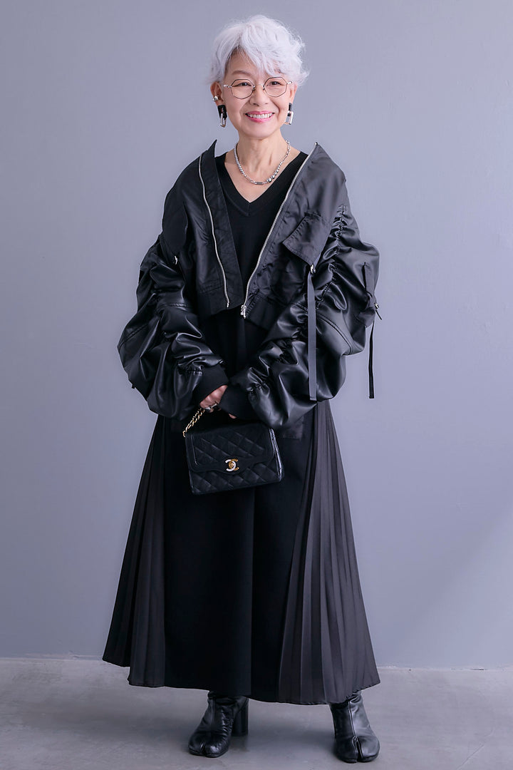 【SET】エコレザーシャーリングスリーブMA-1ブルゾン+ZIPポケットサイドプリーツニットワンピース(2set)