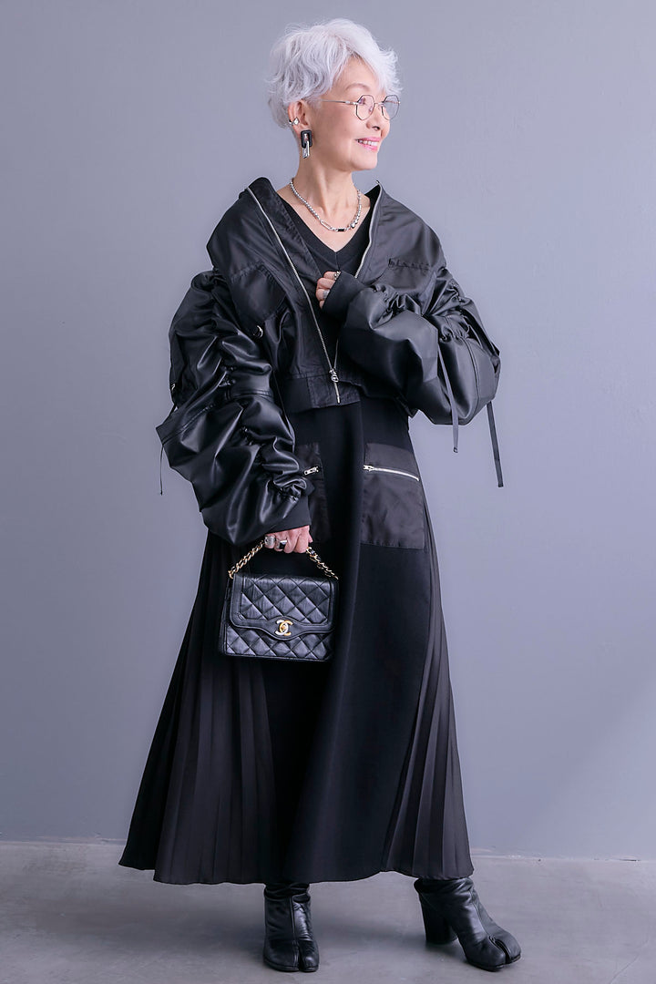 【SET】エコレザーシャーリングスリーブMA-1ブルゾン+ZIPポケットサイドプリーツニットワンピース(2set)