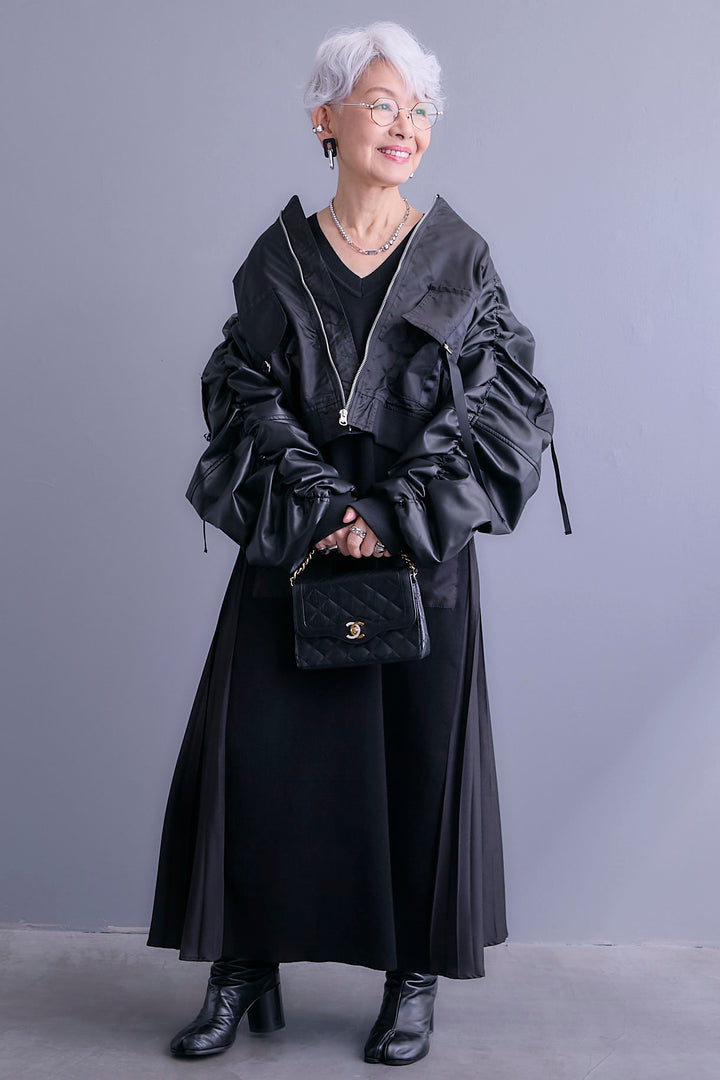 【SET】エコレザーシャーリングスリーブMA-1ブルゾン+ZIPポケットサイドプリーツニットワンピース(2set)