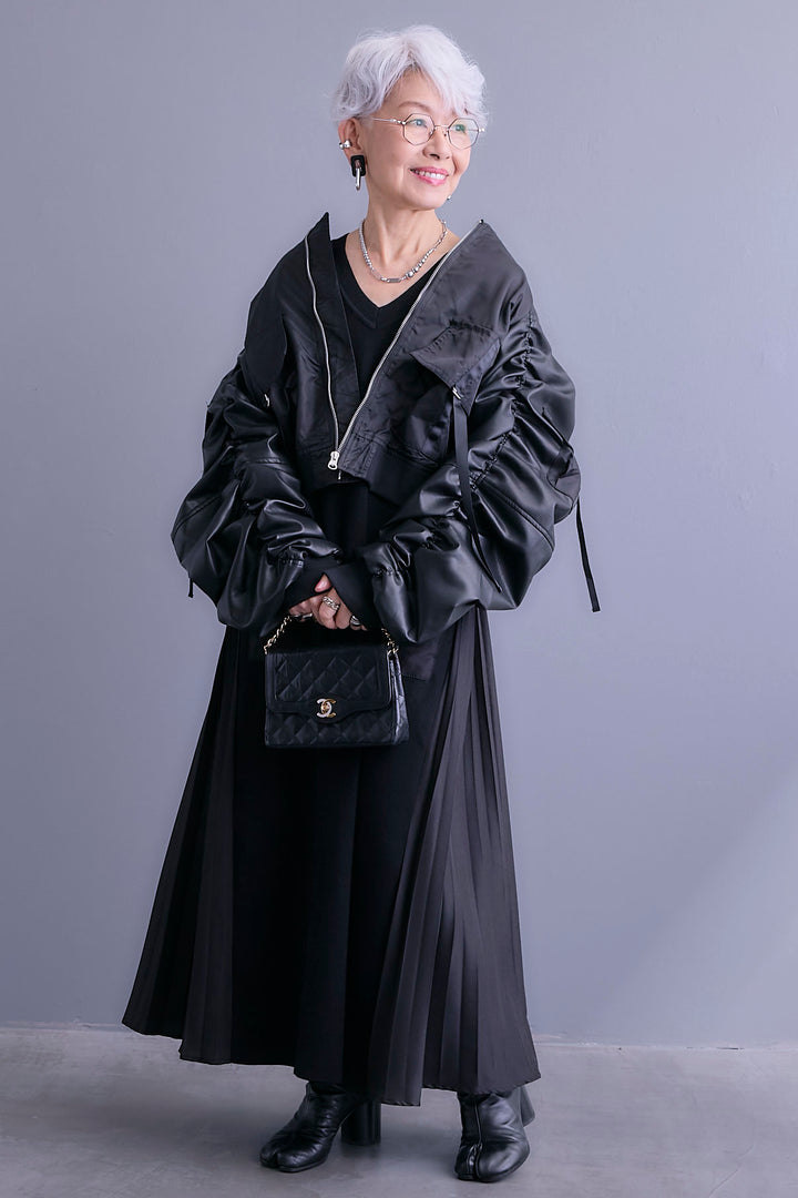 【SET】エコレザーシャーリングスリーブMA-1ブルゾン+ZIPポケットサイドプリーツニットワンピース(2set)