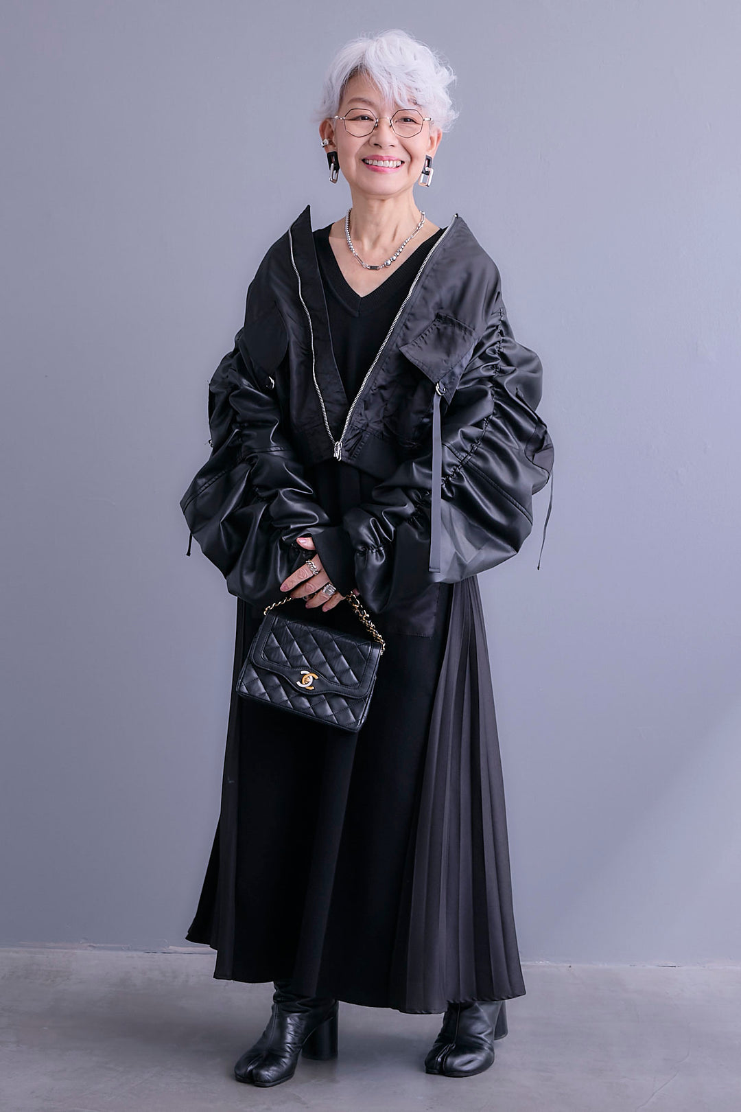 【SET】エコレザーシャーリングスリーブMA-1ブルゾン+ZIPポケットサイドプリーツニットワンピース(2set)