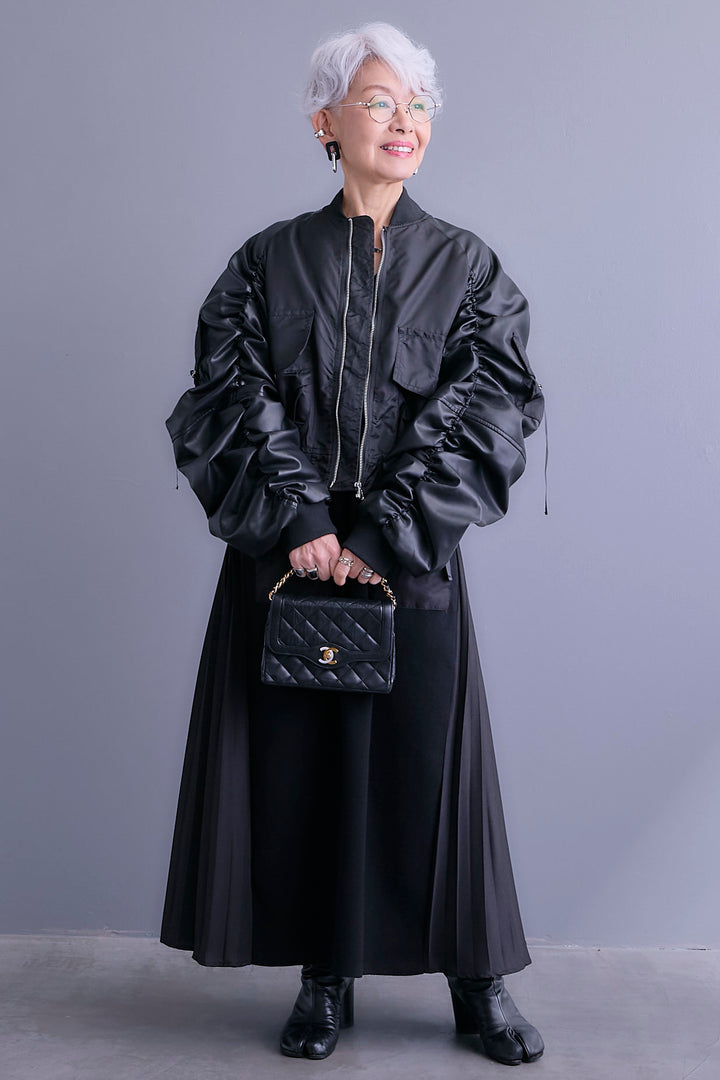 【SET】エコレザーシャーリングスリーブMA-1ブルゾン+ZIPポケットサイドプリーツニットワンピース(2set)