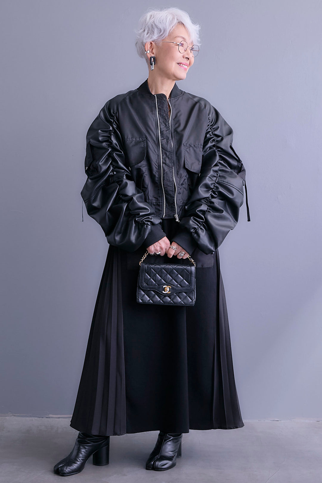 【SET】エコレザーシャーリングスリーブMA-1ブルゾン+ZIPポケットサイドプリーツニットワンピース(2set)