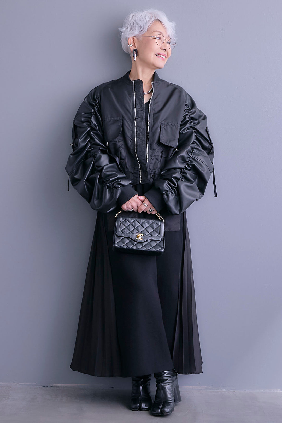 【SET】エコレザーシャーリングスリーブMA-1ブルゾン+ZIPポケットサイドプリーツニットワンピース(2set)