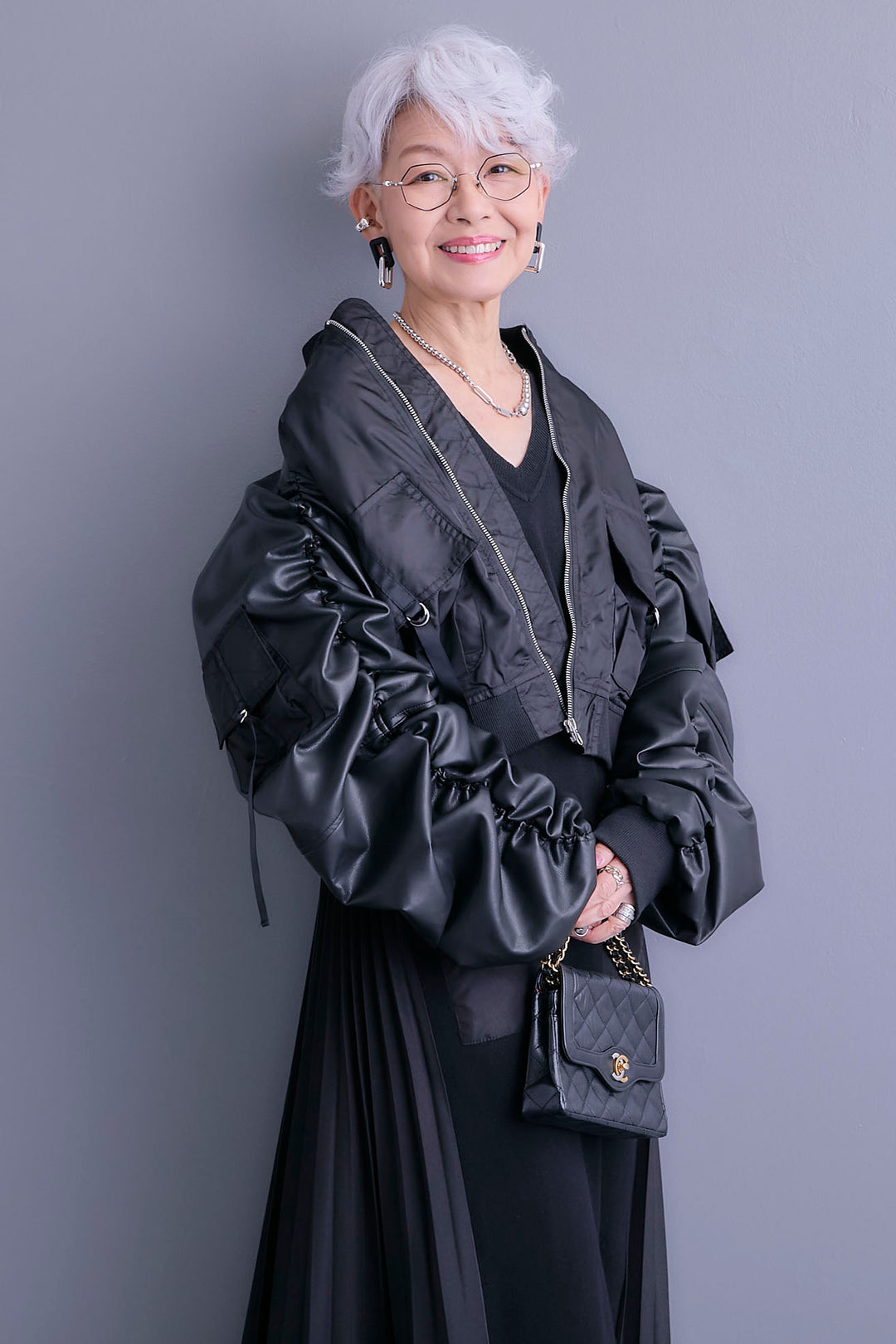 【SET】エコレザーシャーリングスリーブMA-1ブルゾン+ZIPポケットサイドプリーツニットワンピース(2set)