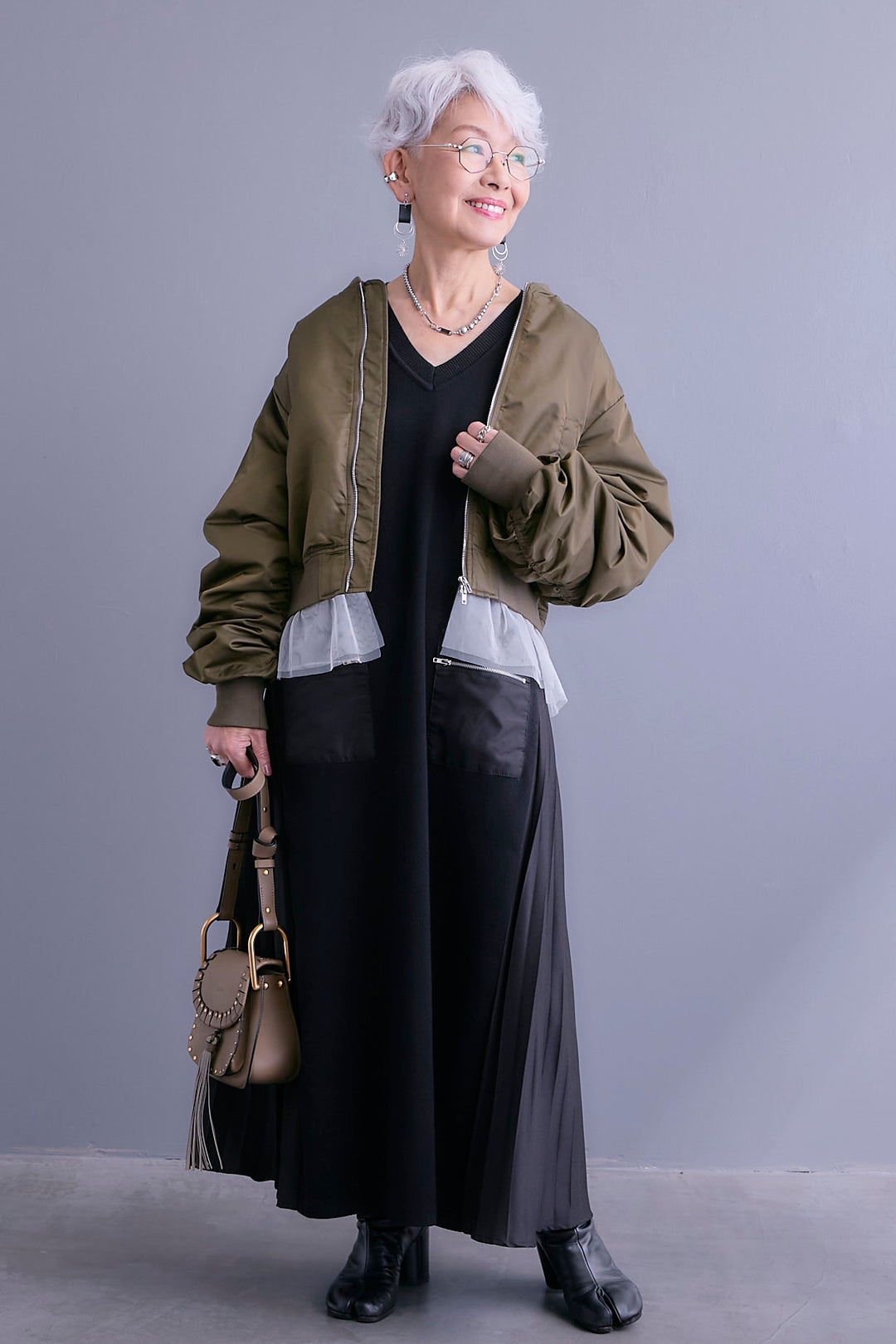 【SET】チュールドッキングナイロンオックスMA-1ジャケット【2WAY】+ZIPポケットサイドプリーツニットワンピース(2set)