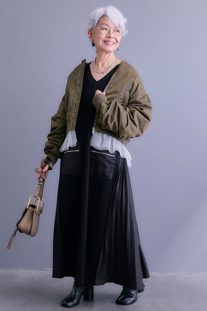 【SET】チュールドッキングナイロンオックスMA-1ジャケット【2WAY】+ZIPポケットサイドプリーツニットワンピース(2set)