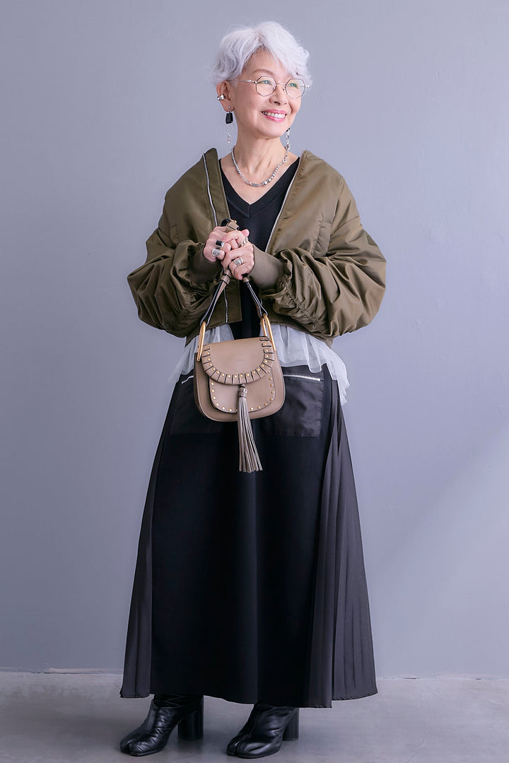 【SET】チュールドッキングナイロンオックスMA-1ジャケット【2WAY】+ZIPポケットサイドプリーツニットワンピース(2set)