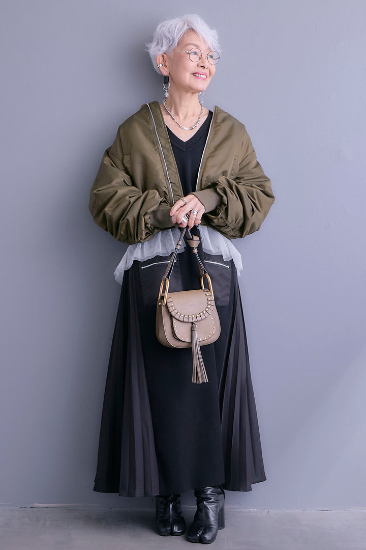 【SET】チュールドッキングナイロンオックスMA-1ジャケット【2WAY】+ZIPポケットサイドプリーツニットワンピース(2set)