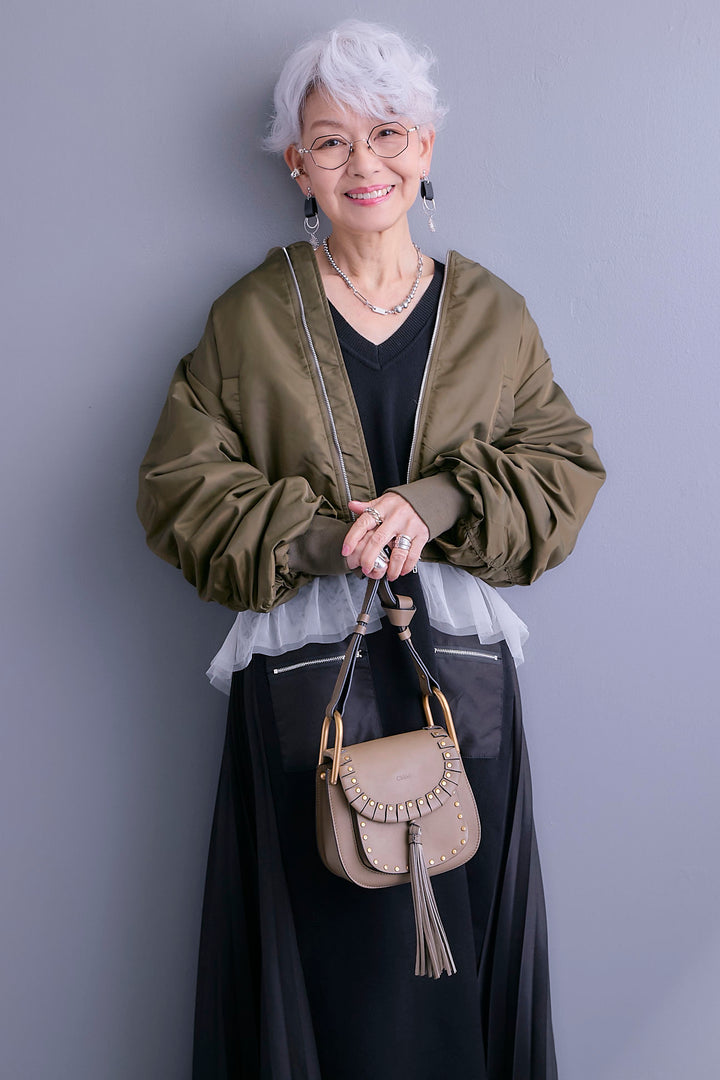 【SET】チュールドッキングナイロンオックスMA-1ジャケット【2WAY】+ZIPポケットサイドプリーツニットワンピース(2set)