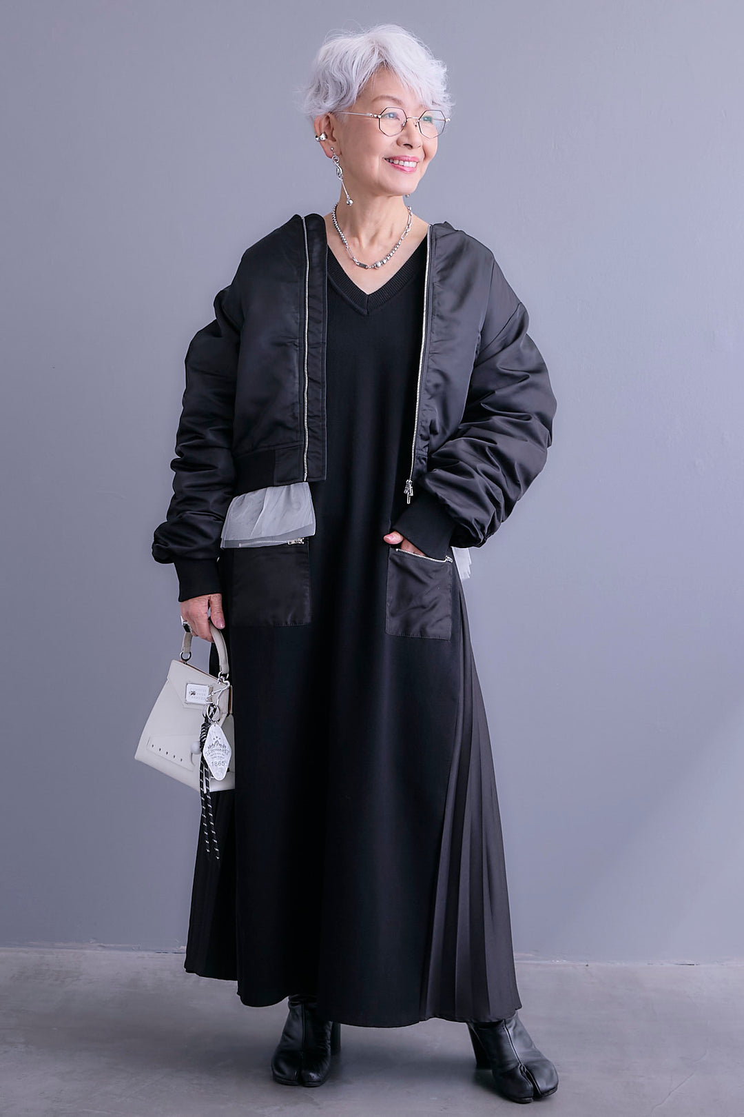 【SET】チュールドッキングナイロンオックスMA-1ジャケット【2WAY】+ZIPポケットサイドプリーツニットワンピース(2set)