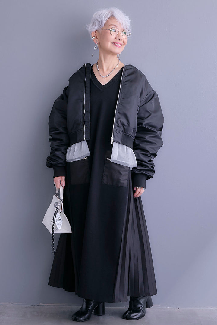 【SET】チュールドッキングナイロンオックスMA-1ジャケット【2WAY】+ZIPポケットサイドプリーツニットワンピース(2set)