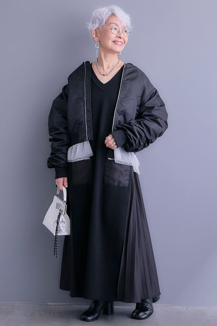 【SET】チュールドッキングナイロンオックスMA-1ジャケット【2WAY】+ZIPポケットサイドプリーツニットワンピース(2set)