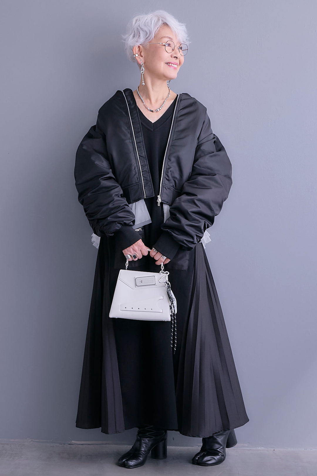 【SET】チュールドッキングナイロンオックスMA-1ジャケット【2WAY】+ZIPポケットサイドプリーツニットワンピース(2set)