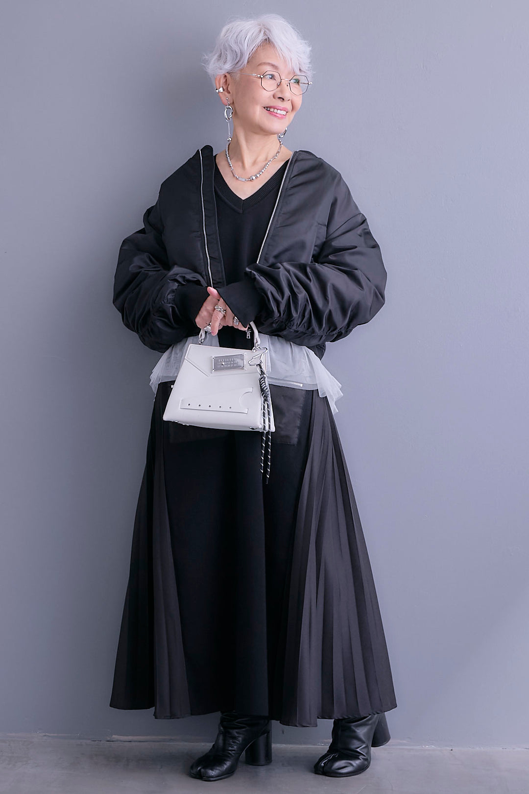 【SET】チュールドッキングナイロンオックスMA-1ジャケット【2WAY】+ZIPポケットサイドプリーツニットワンピース(2set)