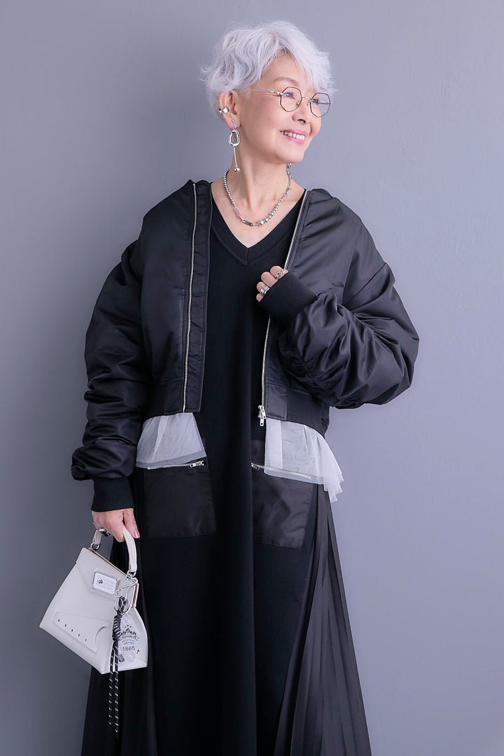 【SET】チュールドッキングナイロンオックスMA-1ジャケット【2WAY】+ZIPポケットサイドプリーツニットワンピース(2set)