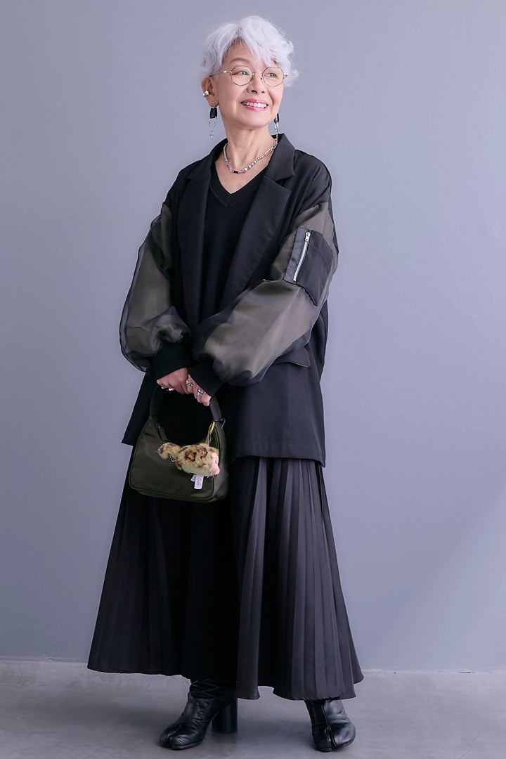 【SET】チュールレイヤードMA-1ジャケット+ZIPポケットサイドプリーツニットワンピース(2set)