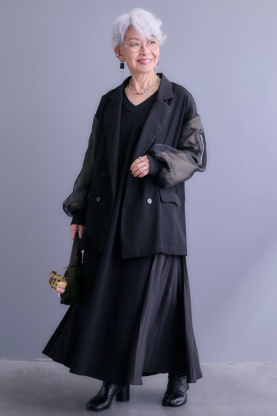 【SET】チュールレイヤードMA-1ジャケット+ZIPポケットサイドプリーツニットワンピース(2set)