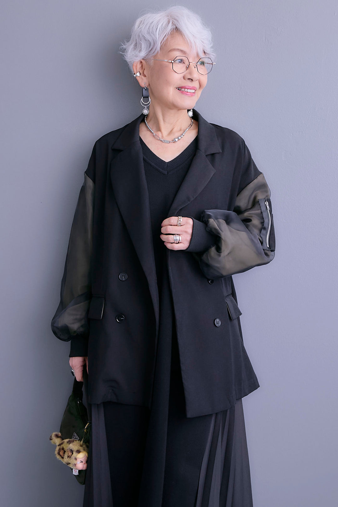 【SET】チュールレイヤードMA-1ジャケット+ZIPポケットサイドプリーツニットワンピース(2set)