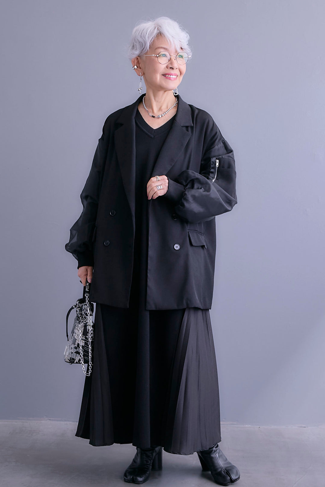 【SET】チュールレイヤードMA-1ジャケット+ZIPポケットサイドプリーツニットワンピース(2set)