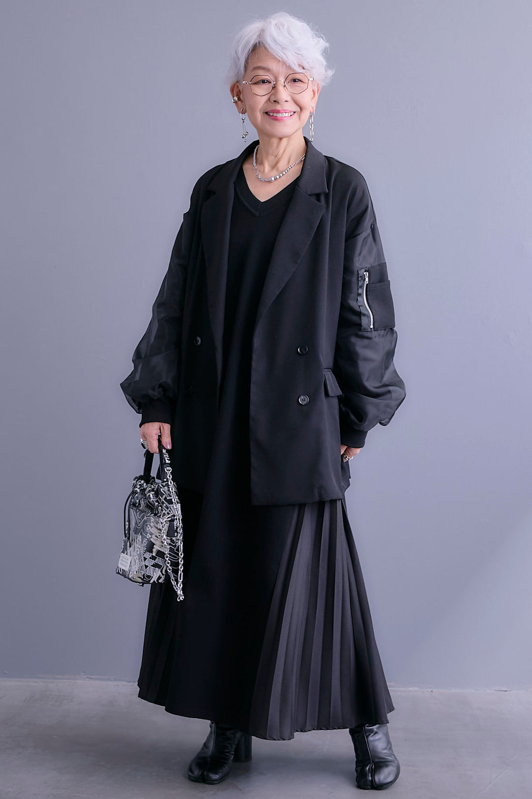 【SET】チュールレイヤードMA-1ジャケット+ZIPポケットサイドプリーツニットワンピース(2set)