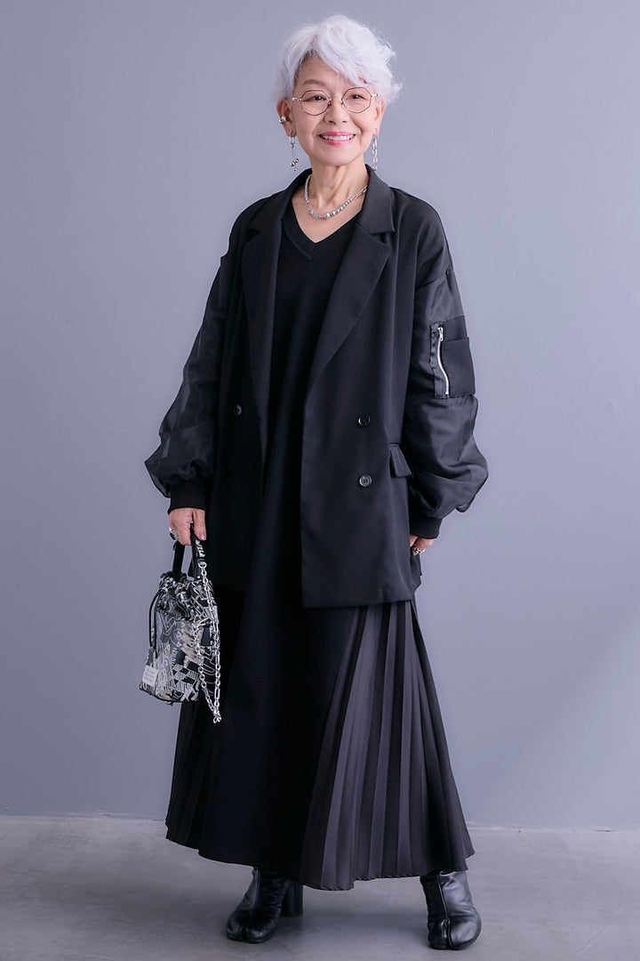 【SET】チュールレイヤードMA-1ジャケット+ZIPポケットサイドプリーツニットワンピース(2set)