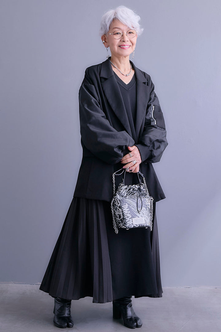 【SET】チュールレイヤードMA-1ジャケット+ZIPポケットサイドプリーツニットワンピース(2set)