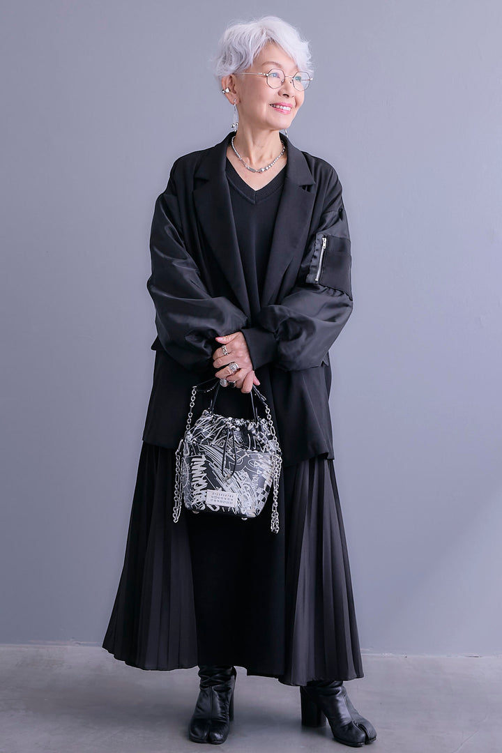 【SET】チュールレイヤードMA-1ジャケット+ZIPポケットサイドプリーツニットワンピース(2set)