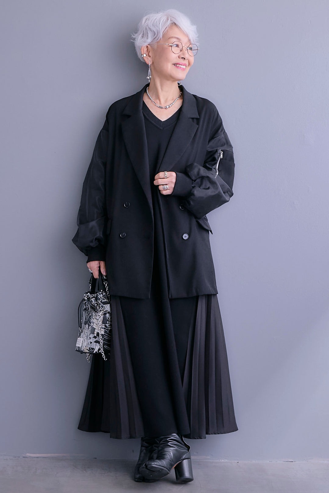 【SET】チュールレイヤードMA-1ジャケット+ZIPポケットサイドプリーツニットワンピース(2set)