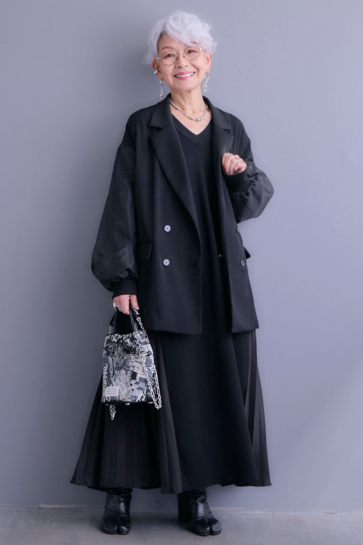 【SET】チュールレイヤードMA-1ジャケット+ZIPポケットサイドプリーツニットワンピース(2set)