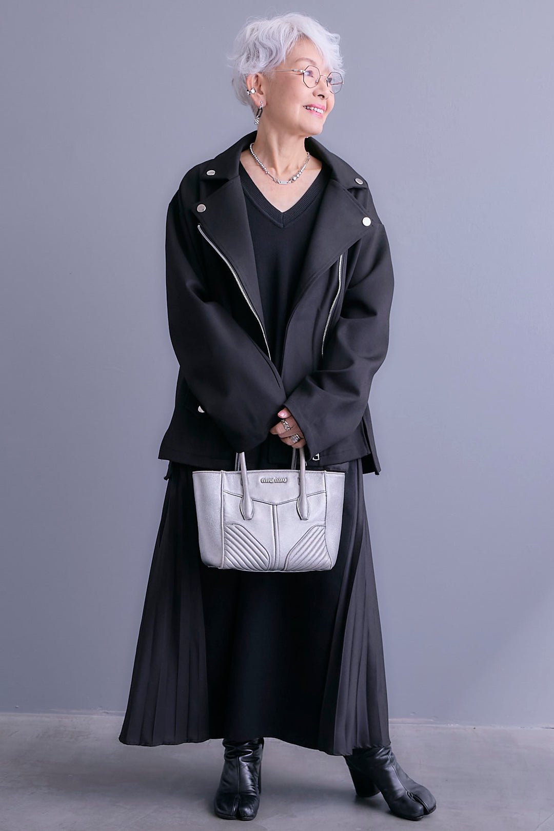 【SET】ライダースデザインジャケット+ZIPポケットサイドプリーツニットワンピース(2set)