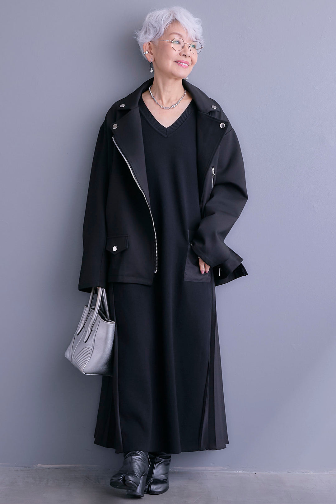 【SET】ライダースデザインジャケット+ZIPポケットサイドプリーツニットワンピース(2set)