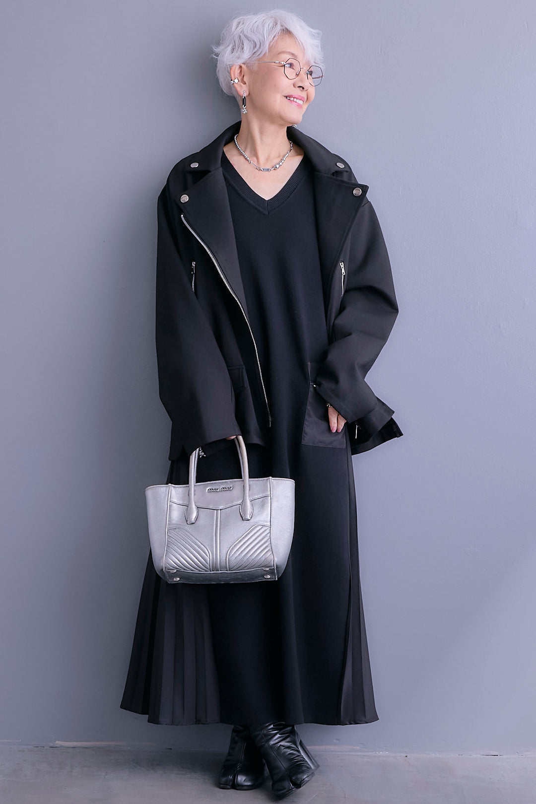 【SET】ライダースデザインジャケット+ZIPポケットサイドプリーツニットワンピース(2set)