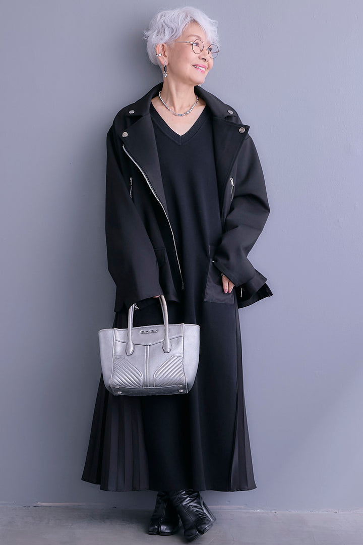 【SET】ライダースデザインジャケット+ZIPポケットサイドプリーツニットワンピース(2set)