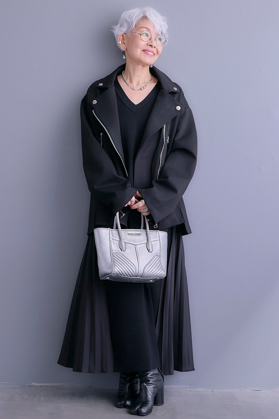 【SET】ライダースデザインジャケット+ZIPポケットサイドプリーツニットワンピース(2set)