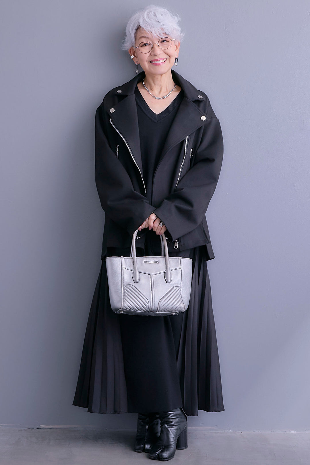 【SET】ライダースデザインジャケット+ZIPポケットサイドプリーツニットワンピース(2set)