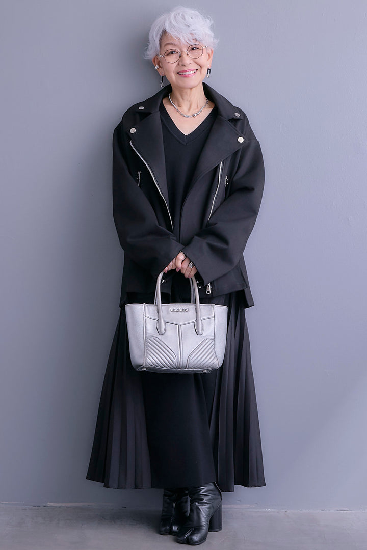 【SET】ライダースデザインジャケット+ZIPポケットサイドプリーツニットワンピース(2set)