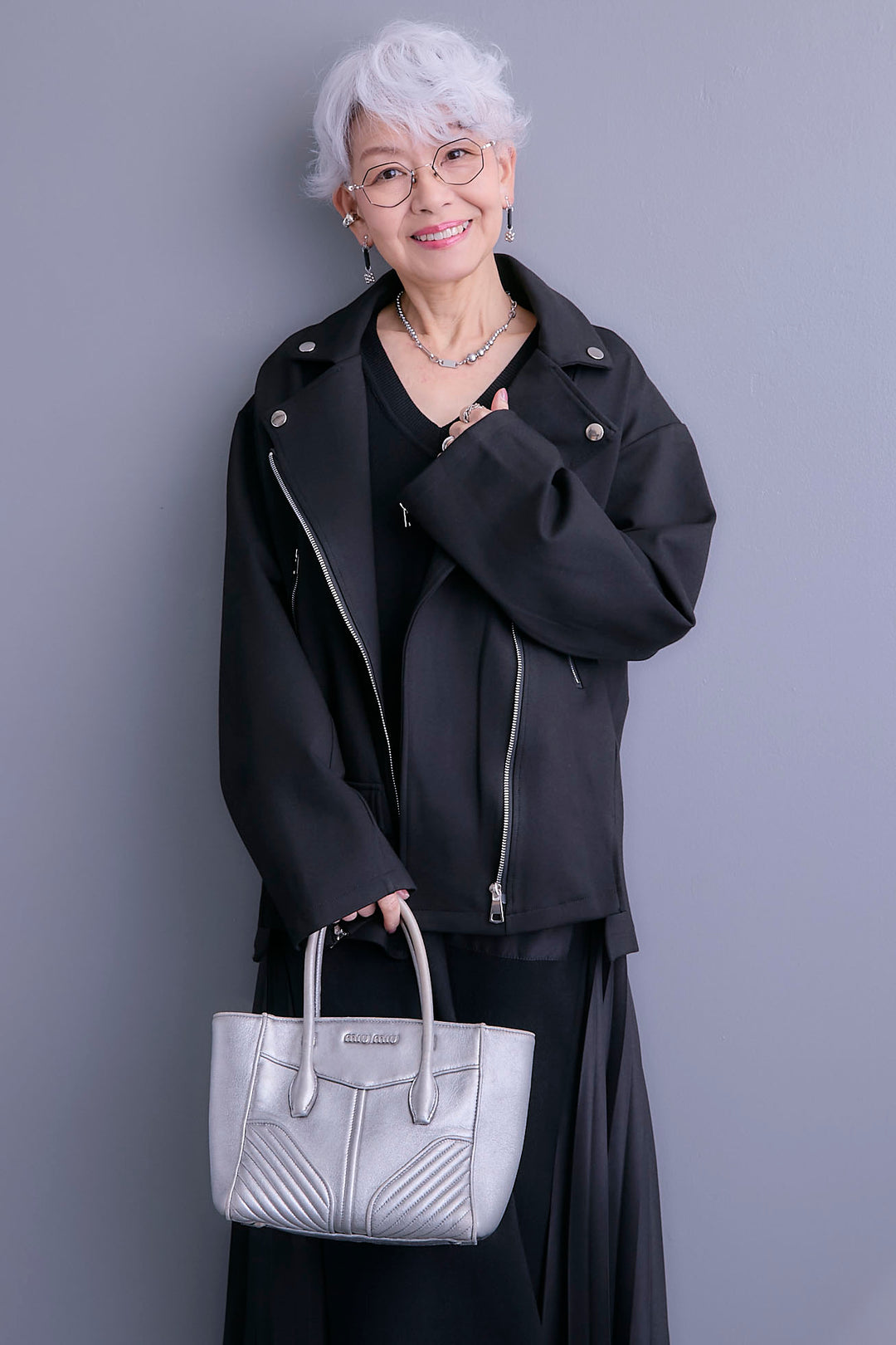 【SET】ライダースデザインジャケット+ZIPポケットサイドプリーツニットワンピース(2set)