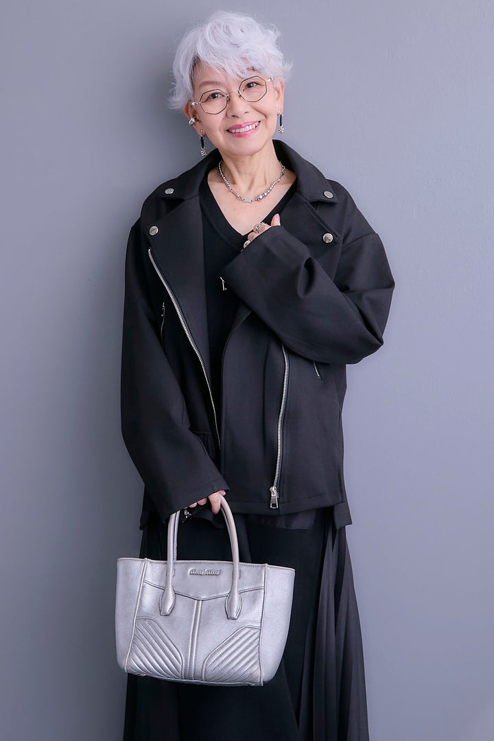 【SET】ライダースデザインジャケット+ZIPポケットサイドプリーツニットワンピース(2set)