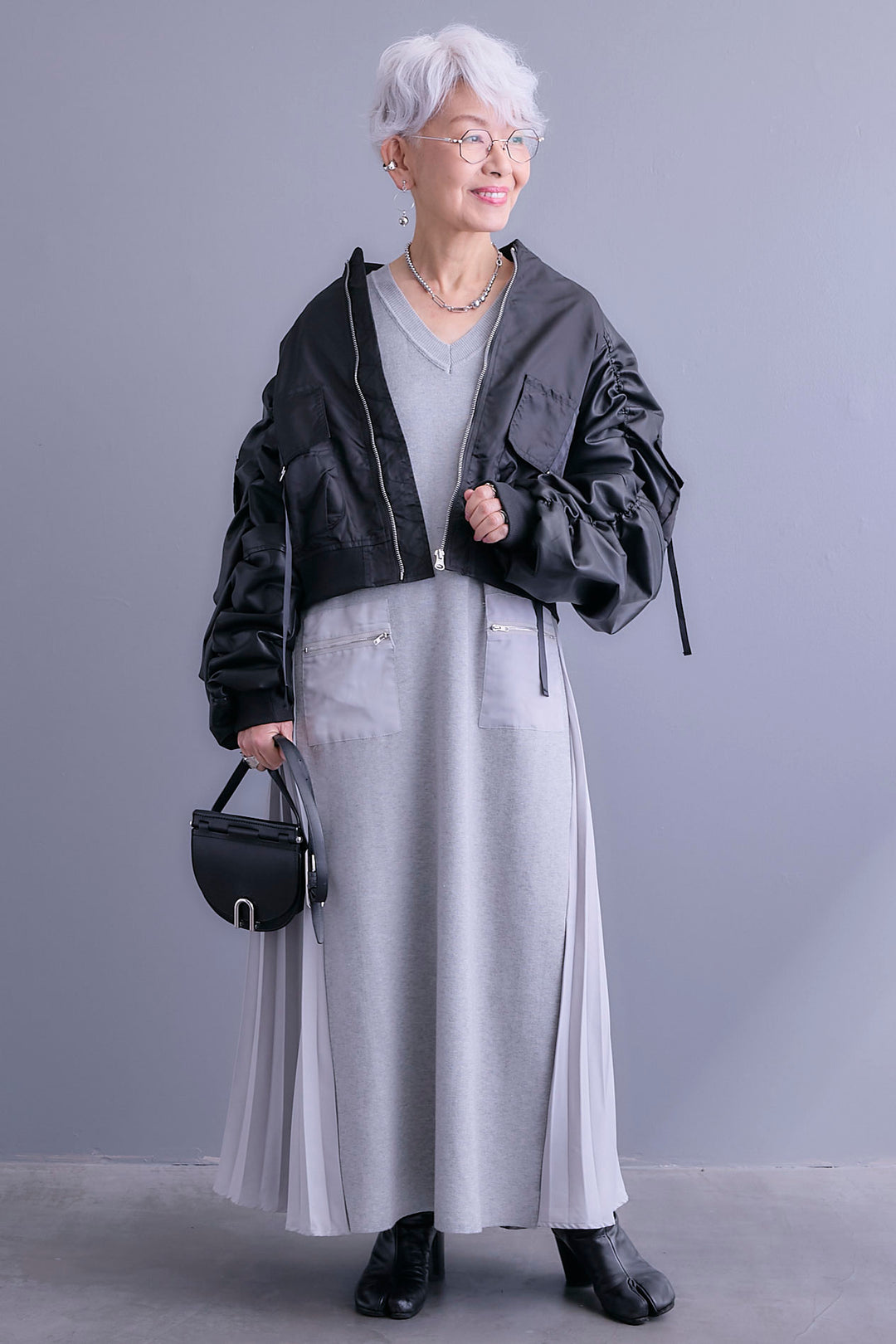 【SET】エコレザーシャーリングスリーブMA-1ブルゾン+ZIPポケットサイドプリーツニットワンピース(2set)