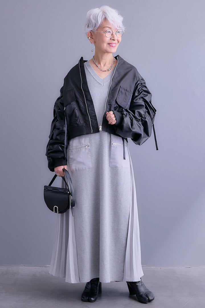 【SET】エコレザーシャーリングスリーブMA-1ブルゾン+ZIPポケットサイドプリーツニットワンピース(2set)