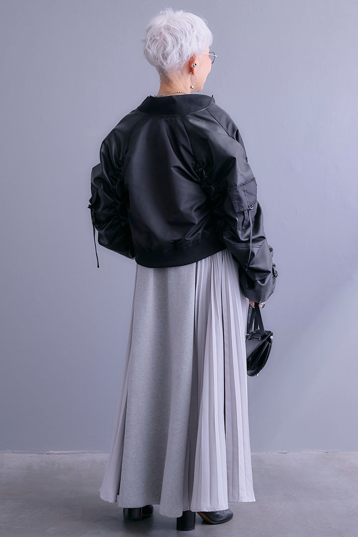 【SET】エコレザーシャーリングスリーブMA-1ブルゾン+ZIPポケットサイドプリーツニットワンピース(2set)