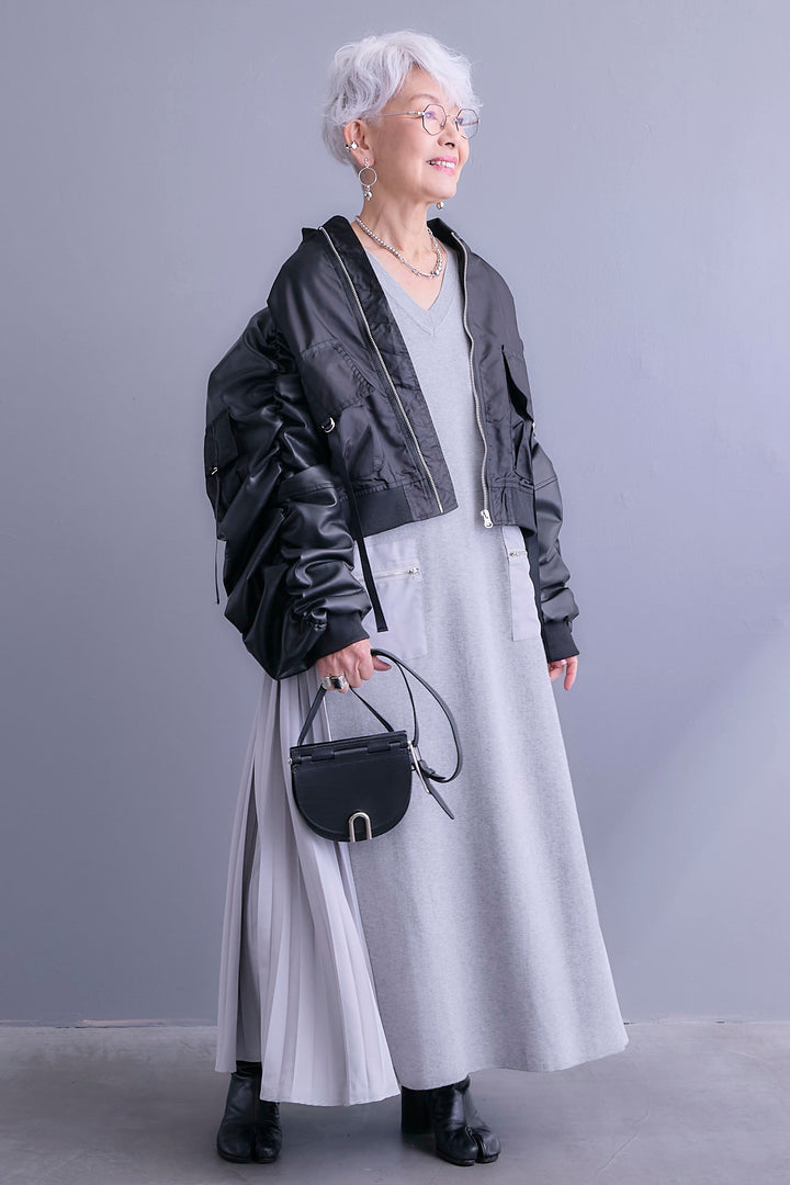 【SET】エコレザーシャーリングスリーブMA-1ブルゾン+ZIPポケットサイドプリーツニットワンピース(2set)