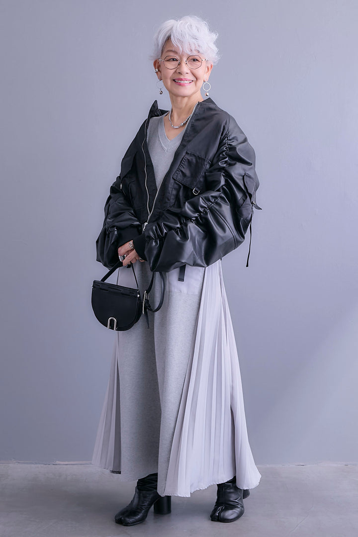 【SET】エコレザーシャーリングスリーブMA-1ブルゾン+ZIPポケットサイドプリーツニットワンピース(2set)