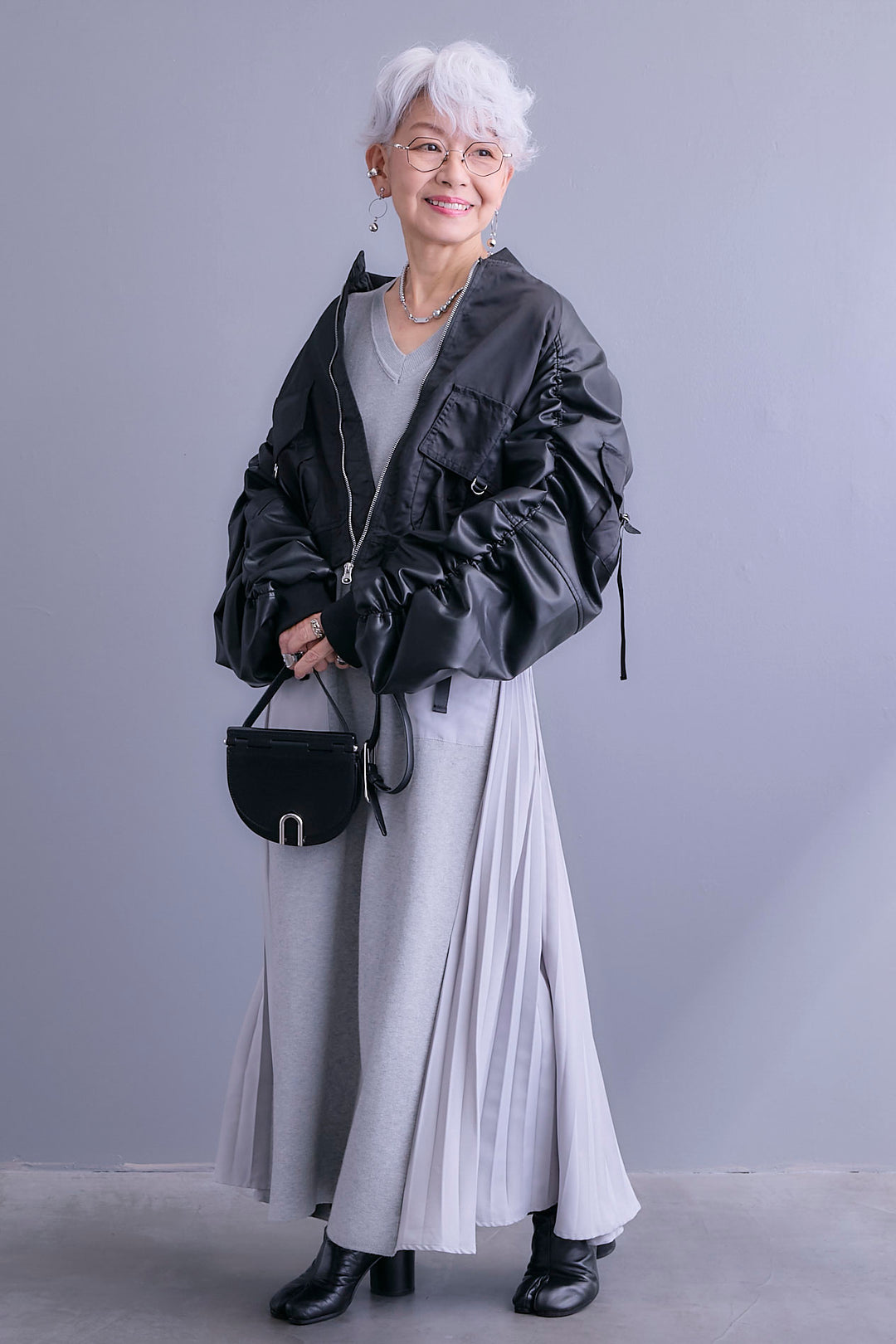 【SET】エコレザーシャーリングスリーブMA-1ブルゾン+ZIPポケットサイドプリーツニットワンピース(2set)