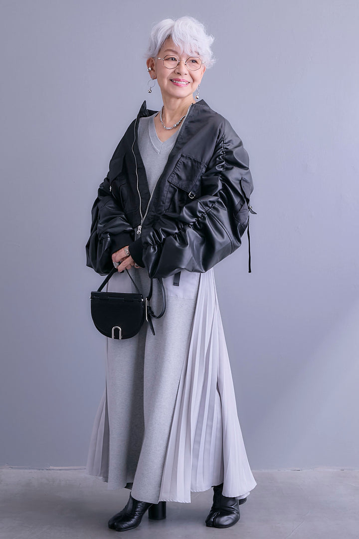 【SET】エコレザーシャーリングスリーブMA-1ブルゾン+ZIPポケットサイドプリーツニットワンピース(2set)