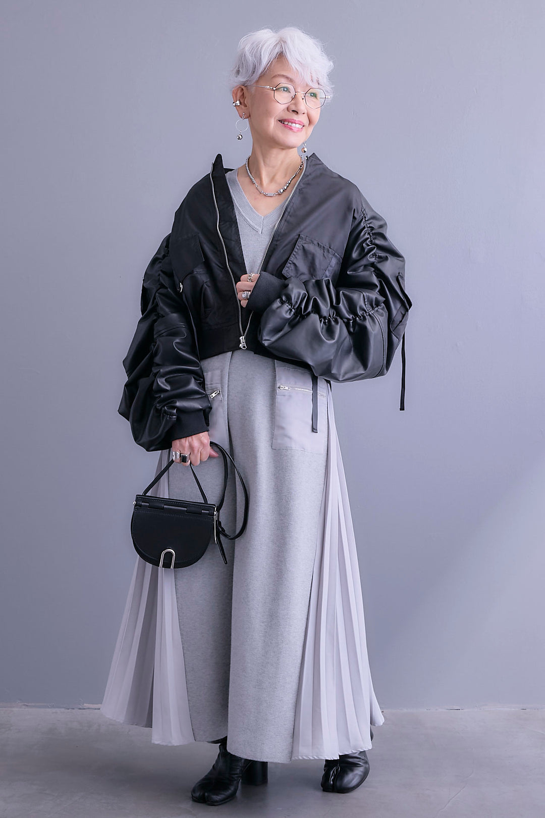 【SET】エコレザーシャーリングスリーブMA-1ブルゾン+ZIPポケットサイドプリーツニットワンピース(2set)