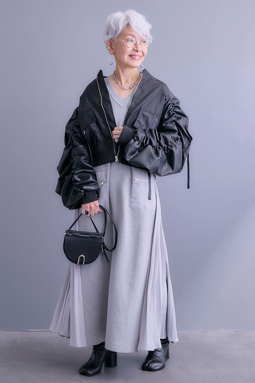 【SET】エコレザーシャーリングスリーブMA-1ブルゾン+ZIPポケットサイドプリーツニットワンピース(2set)