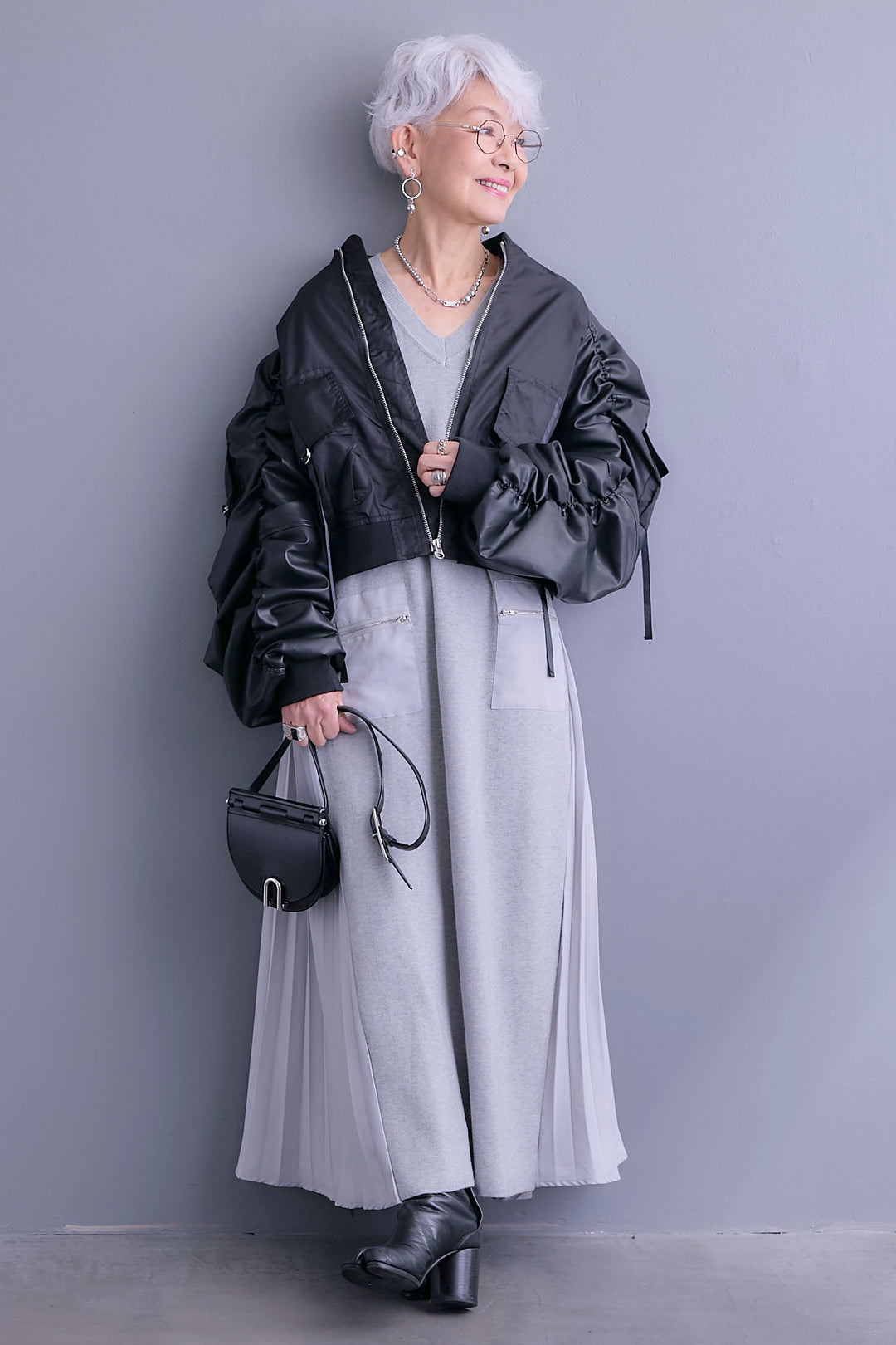 【SET】エコレザーシャーリングスリーブMA-1ブルゾン+ZIPポケットサイドプリーツニットワンピース(2set)