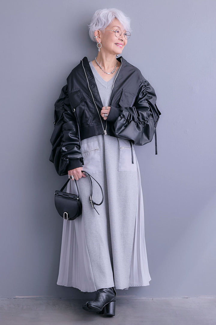 【SET】エコレザーシャーリングスリーブMA-1ブルゾン+ZIPポケットサイドプリーツニットワンピース(2set)